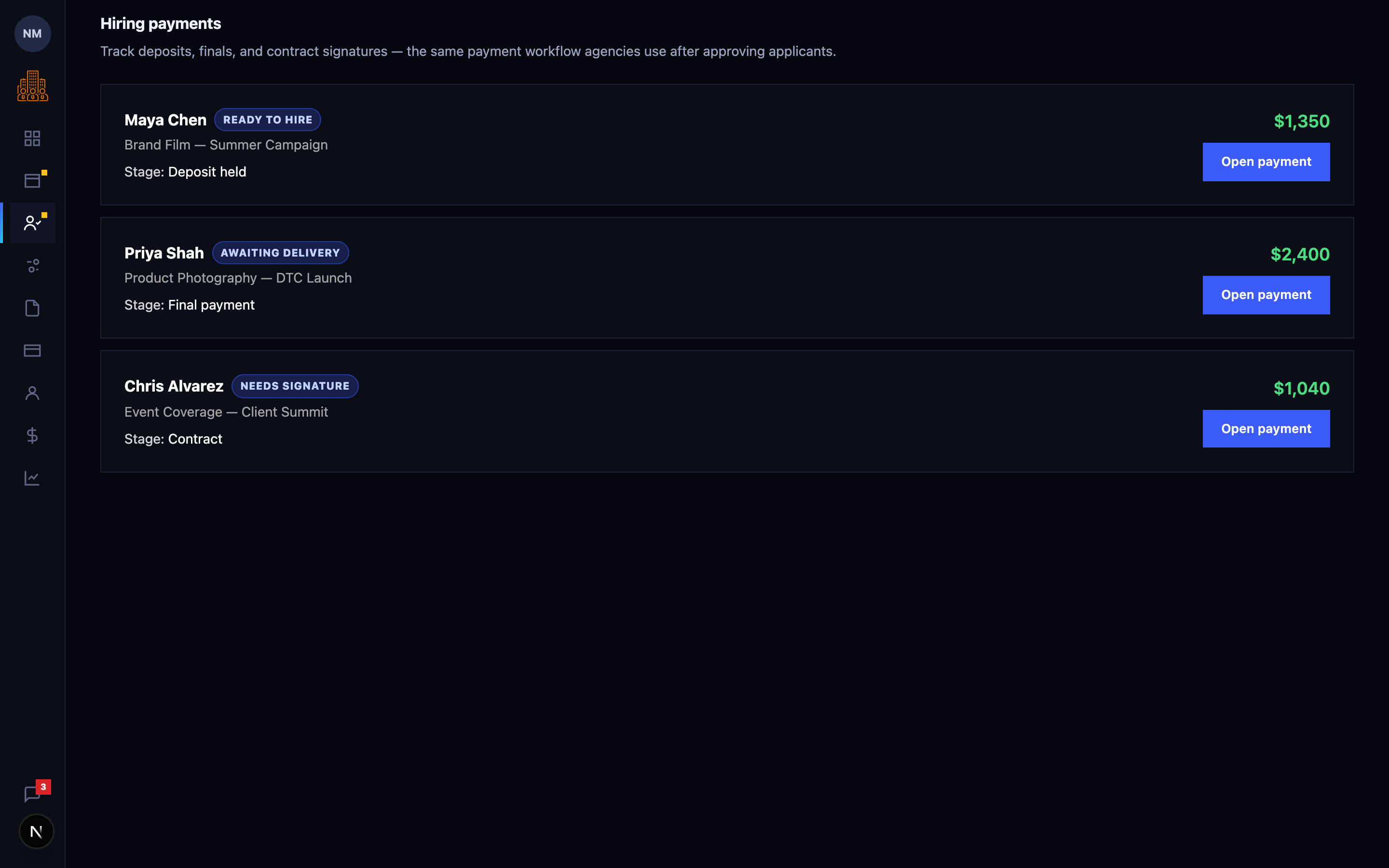 Manage project payments workspace preview